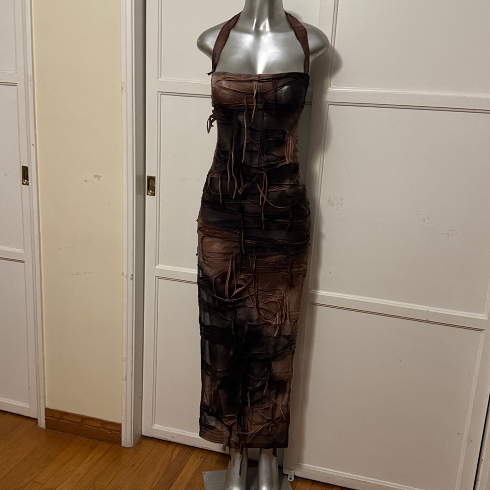 Black brown Strappy dress with Fringe Detail S